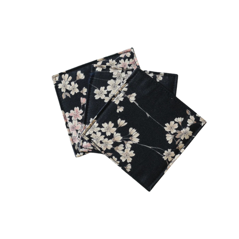 Fabric Coaster — Black background with pink and white cherry blossoms (9×9 cm) — bar drink coaster for cocktail bars | Cocktail Ceremony