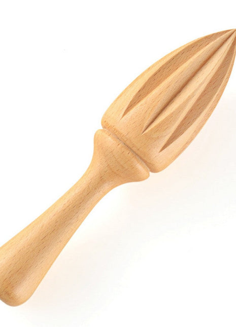 A wooden manual squeezer designed for squeezing lemon juice, with a smooth, ergonomic shape and a long handle.