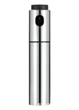 Metallic cylindrical device with a black top on a white background