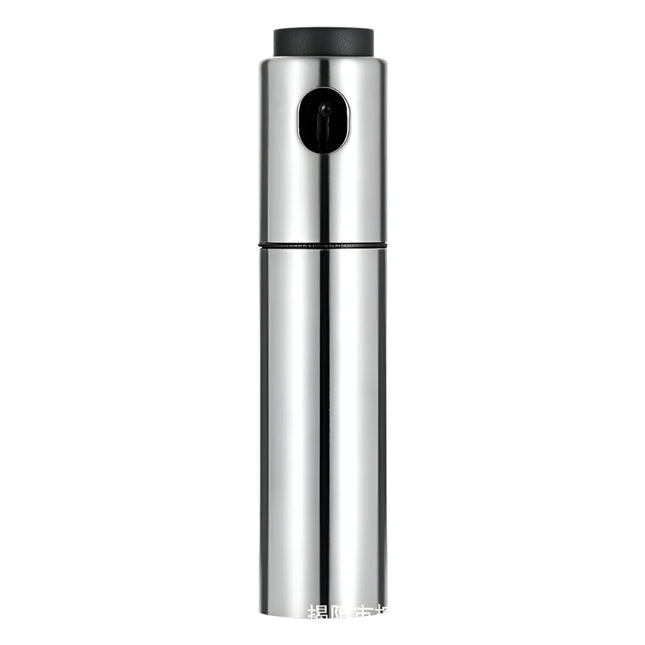 Metallic cylindrical device with a black top on a white background