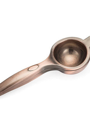 A handheld stainless steel lemon squeezer with a smooth finish and a handle.