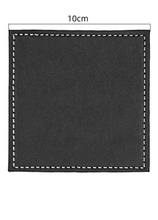 Black square cup pad with white stitching and dimensions on a white background