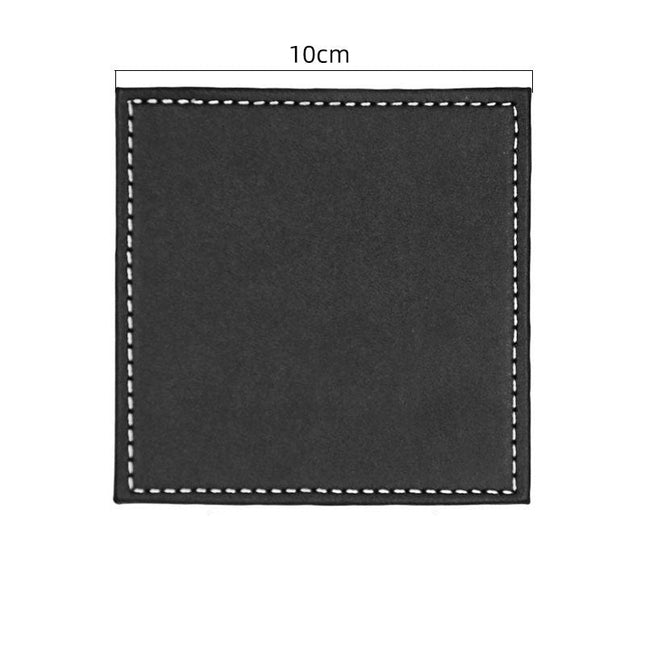 Black square cup pad with white stitching and dimensions on a white background