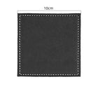 Black square cup pad with white stitching and dimensions on a white background | Cocktail Ceremony