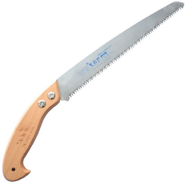 Folding pruning saw with wooden handle on a white background