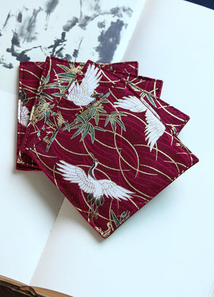 Fabric Coaster — Red crane (9×9 cm)