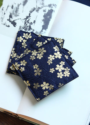 Fabric Coaster — Navy blue background with golden cherry blossoms (9×9 cm)