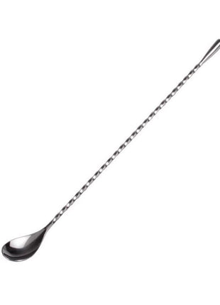 A stainless steel bar spoon with a twisted handle and a drop-shaped tip.
