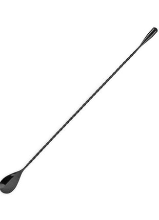A stainless steel bar spoon with a twisted handle and a drop-shaped tip.