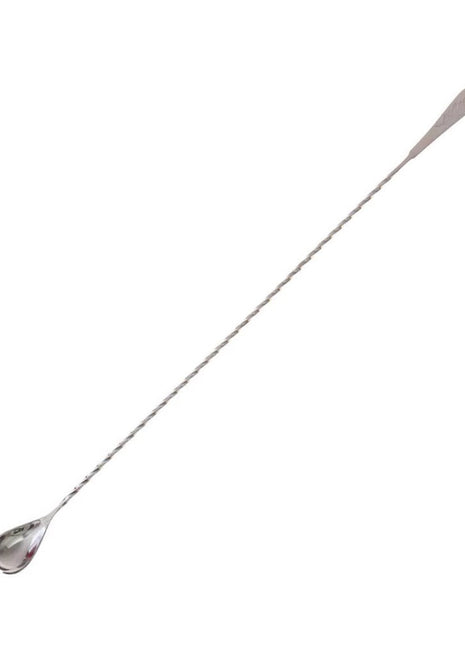 Three stainless steel bar spoons with flat tips, presented in silver, pink, and black colors.