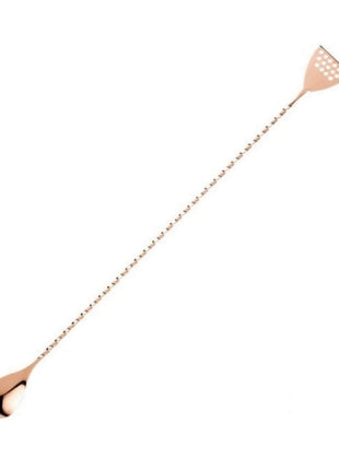 A stainless steel bar spoon with a small strainer at the end, with a twisted handle design.