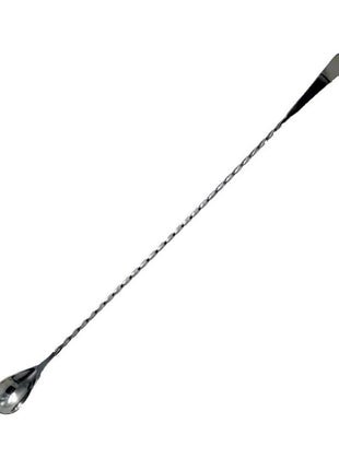 Three stainless steel bar spoons with flat tips, presented in silver, pink, and black colors.