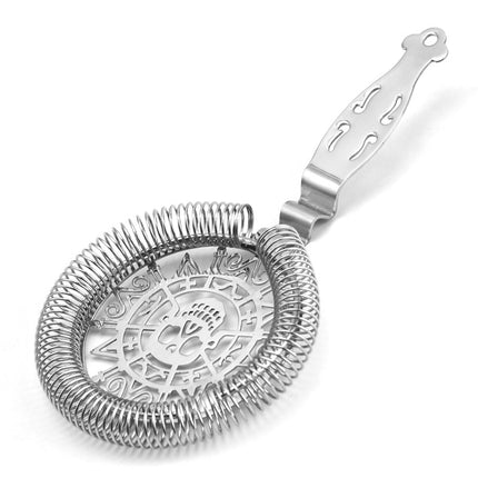 Silver cocktail strainer with intricate design on a white background