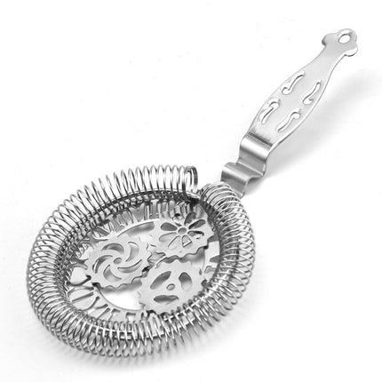 Metallic cocktail strainer with decorative handle on a white background
