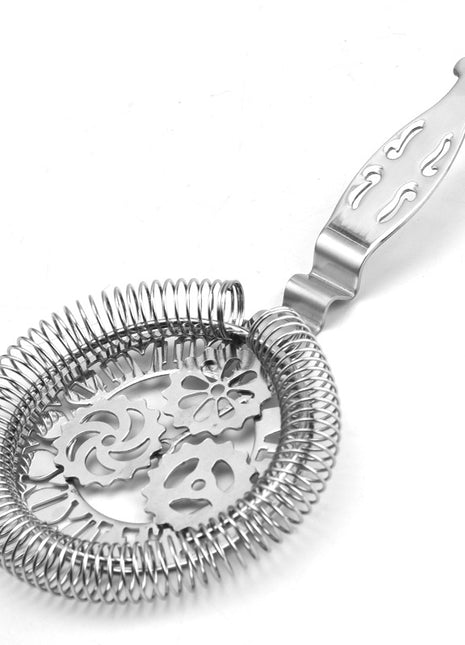 Metallic cocktail strainer with decorative handle on a white background