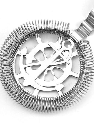 Metallic cocktail strainer on a white background