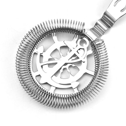Metallic cocktail strainer on a white background