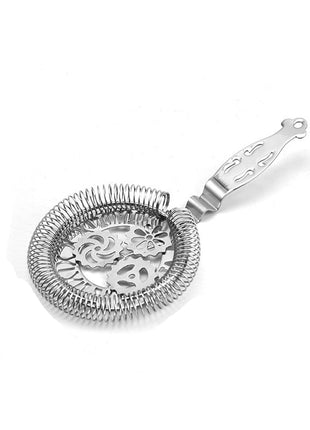 Metallic cocktail strainer with dimensions and weight on a white background