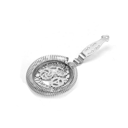 Metallic cocktail strainer with dimensions and weight on a white background