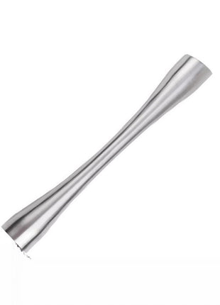 A stainless steel mudler with a long handle and narrow waist, featuring a ribbed tip.