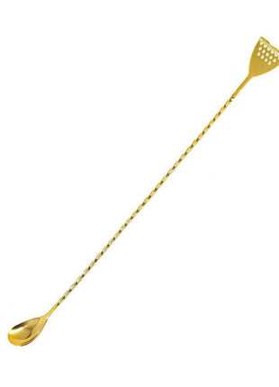 A stainless steel bar spoon with a small strainer at the end, with a twisted handle design.