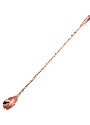 A stainless steel bar spoon with a twisted handle and a drop-shaped tip.