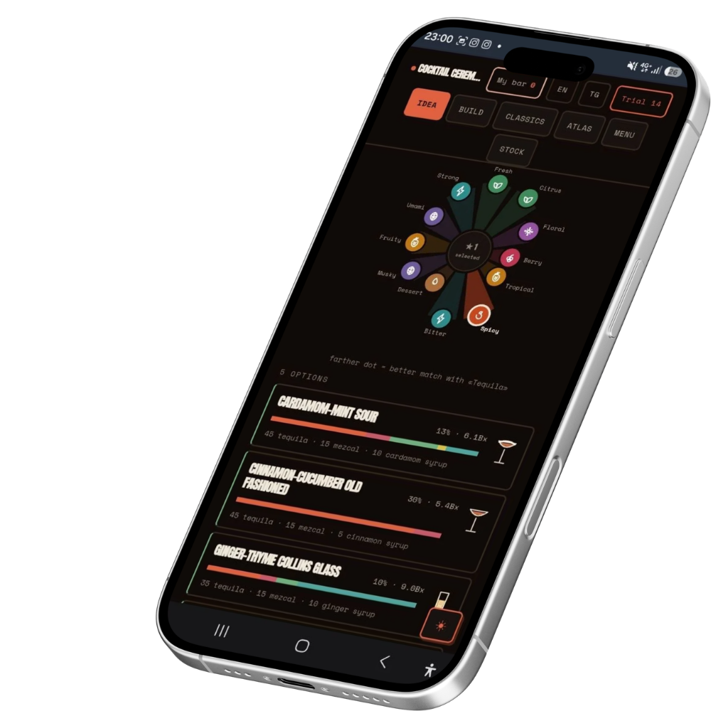 A compatibility map, not a list of links.The wheel shows how each flavour direction sits against your chosen base — the farther the dot, the better the match. Below it, ready options with the numbers that matter.