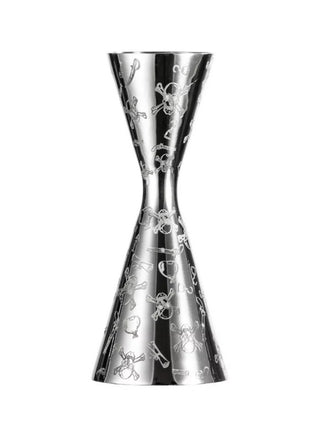 A stainless steel jigger with floral engravings on the side, featuring a narrow waist and additional notches for measurement.