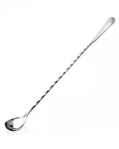 Three stainless steel bar spoons with flat tips, presented in silver, pink, and black colors.