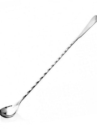 Three stainless steel bar spoons with flat tips, presented in silver, pink, and black colors.