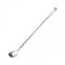 Three stainless steel bar spoons with flat tips, presented in silver, pink, and black colors.