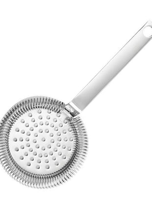 A gold-colored stainless steel Hawthorne strainer with a perforated circular head and a handle.
