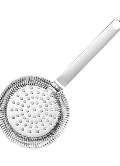 A gold-colored stainless steel Hawthorne strainer with a perforated circular head and a handle.