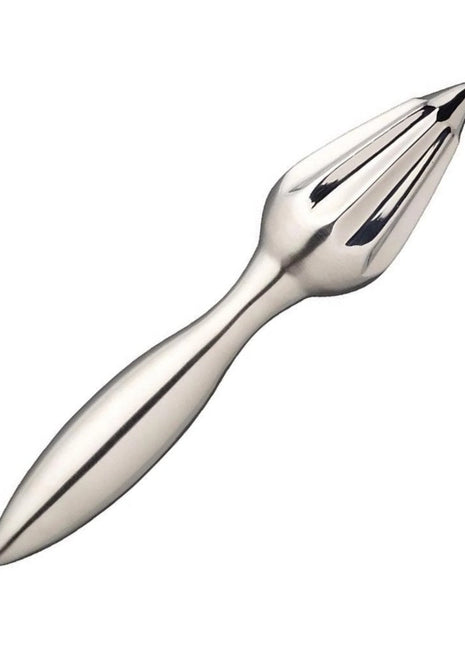 A hand squeezer made of stainless steel with a smooth, sleek finish. It has a long, slender body with a rounded tip and two black dots on the side for grip.