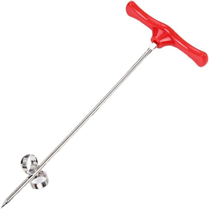 Red-handled skewer with two metal prongs on a white background