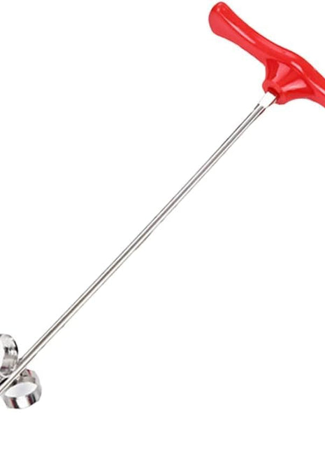 Red-handled skewer with two metal prongs on a white background