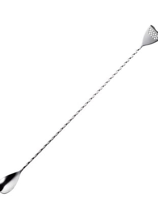 A stainless steel bar spoon with a small strainer at the end, with a twisted handle design.