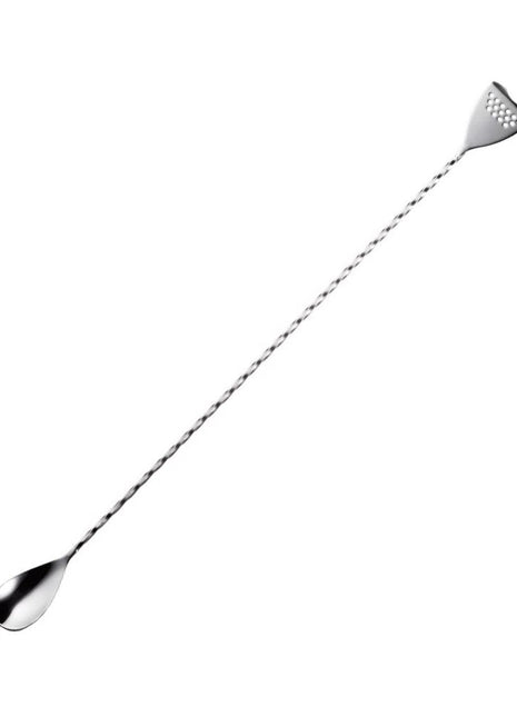 A stainless steel bar spoon with a small strainer at the end, with a twisted handle design.