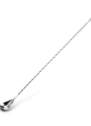 A stainless steel bar spoon with a twisted handle and a drop-shaped tip.