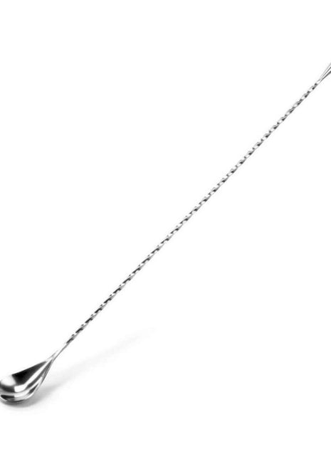 A stainless steel bar spoon with a twisted handle and a drop-shaped tip.