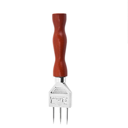 Gadget with a wooden handle and metal prongs, shown with dimensions on a white background.