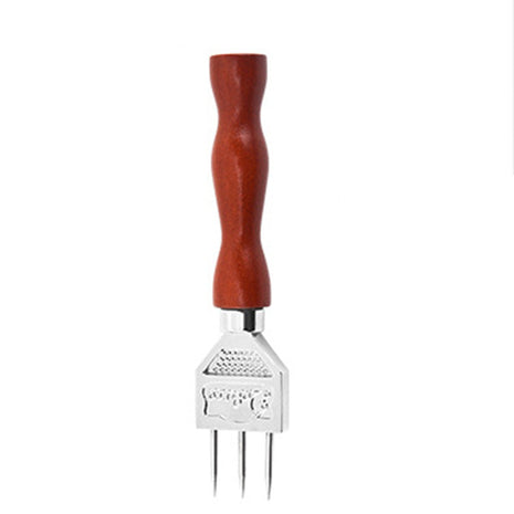 Gadget with a wooden handle and metal prongs, shown with dimensions on a white background | Cocktail Ceremony