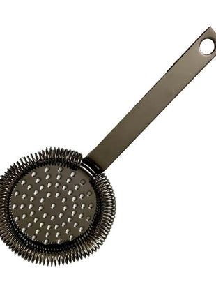 A gold-colored stainless steel Hawthorne strainer with a perforated circular head and a handle.
