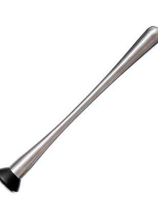 A stainless steel muddler with a long handle and a ribbed tip.