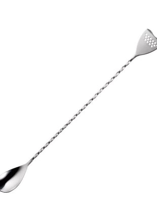 A stainless steel bar spoon with a small strainer at the end, with a twisted handle design.