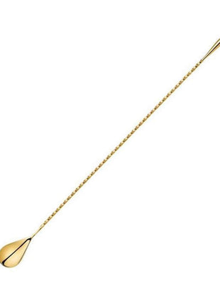 A stainless steel bar spoon with a twisted handle and a drop-shaped tip.