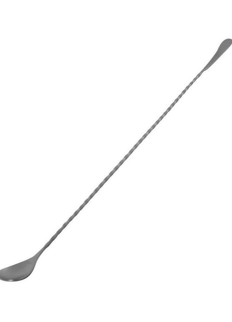Three stainless steel bar spoons with flat tips, presented in silver, pink, and black colors.