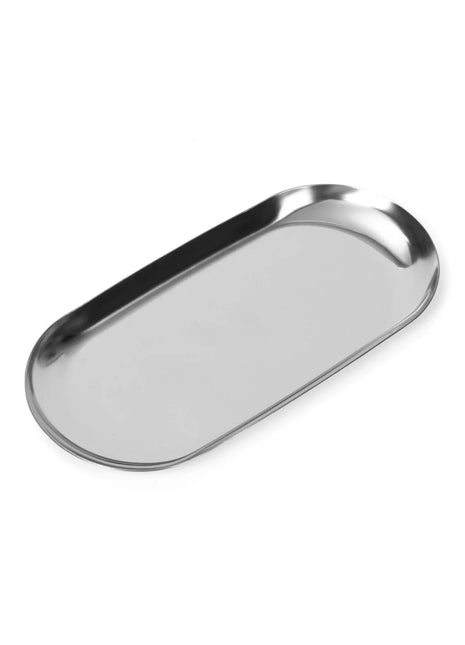 Silver oval tray on a white background