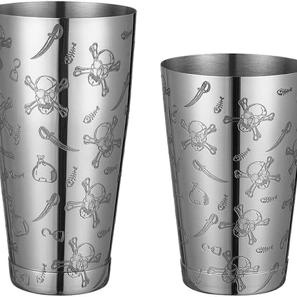 Two silver metal tumblers with skull and crossbones designs on a white background