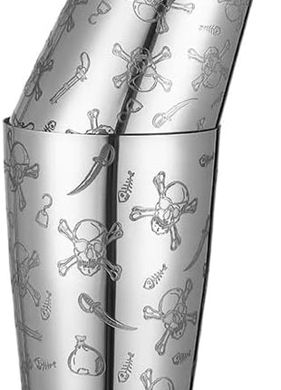 Silver cocktail shaker with skull and crossbones design on a white background